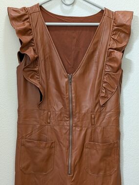 Maive Anthropologie The Colette Faux Leather Jumpsuit in Chestnut